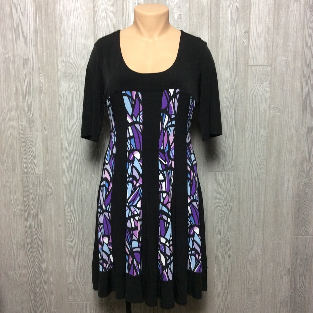 Dressbarn Womens Purple Black Stretch Scoop Neck Flowy Dress PLUS SIZE 16
